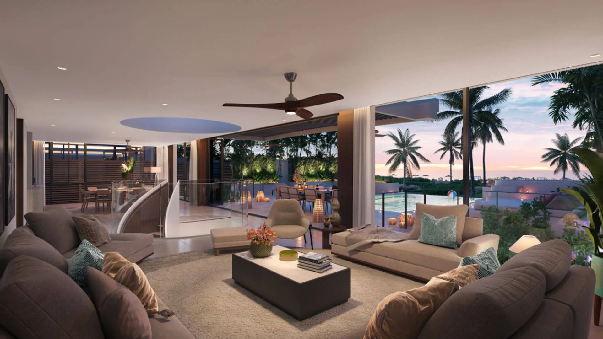 A luxurious open-concept living room bridges indoor comfort with an outdoor tropical seascape, featuring plush sofas, modern decor.