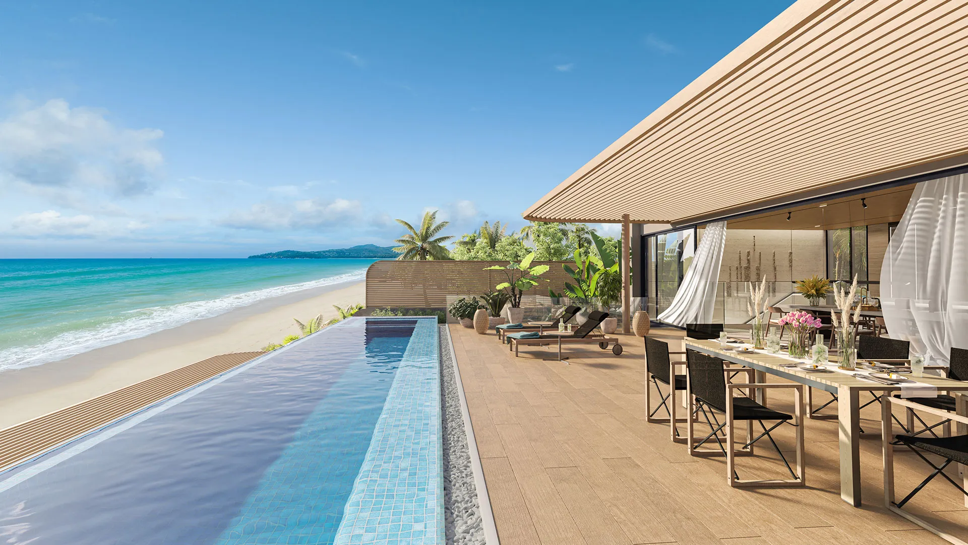 Banyan Tree Beach Residences Mazu Gallery | A luxury beachfront terrace features an infinity pool, sun loungers, and a dining area set with flowers, a sandy beach and the ocean.