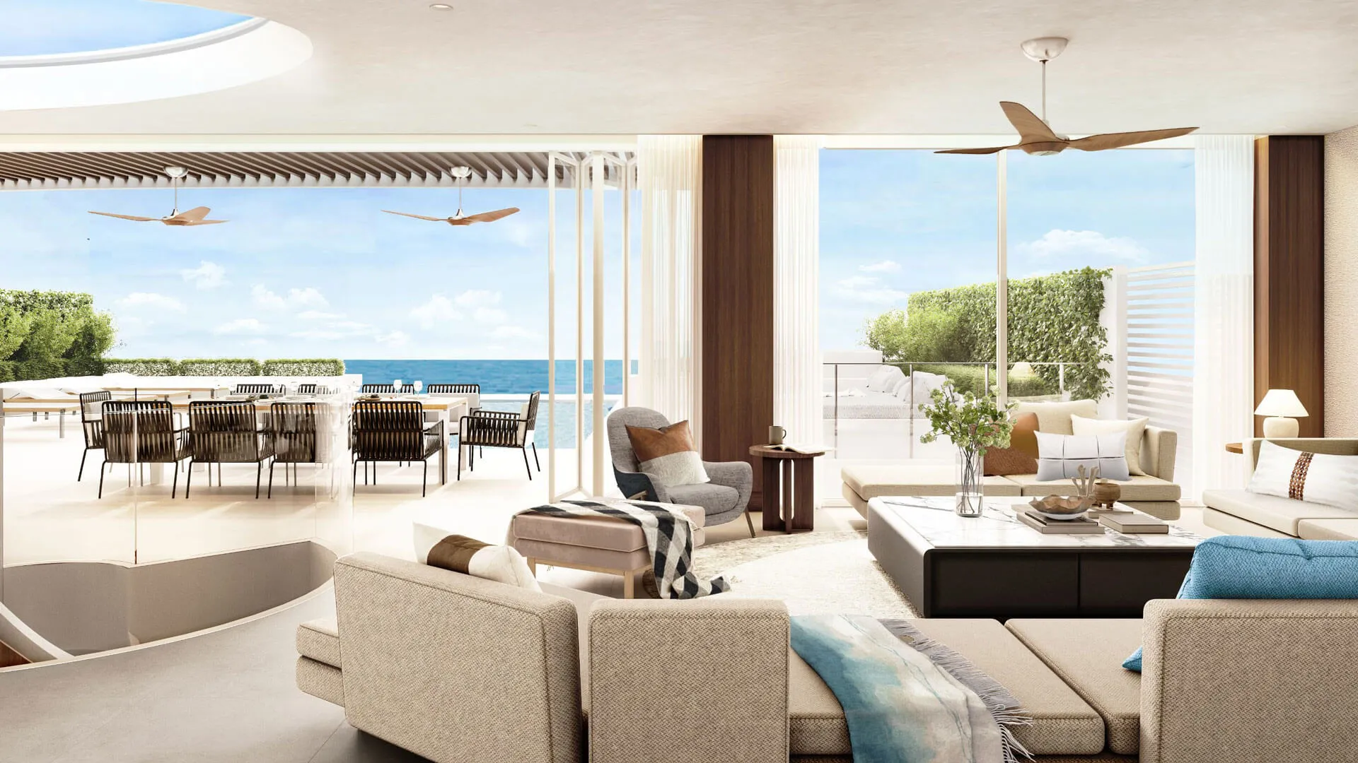 บันยันทรี บีช เรสซิเดนซ์ เอเกอร์ - Elegant open-plan living room seamlessly transitions to an outdoor dining area overlooking the sea.