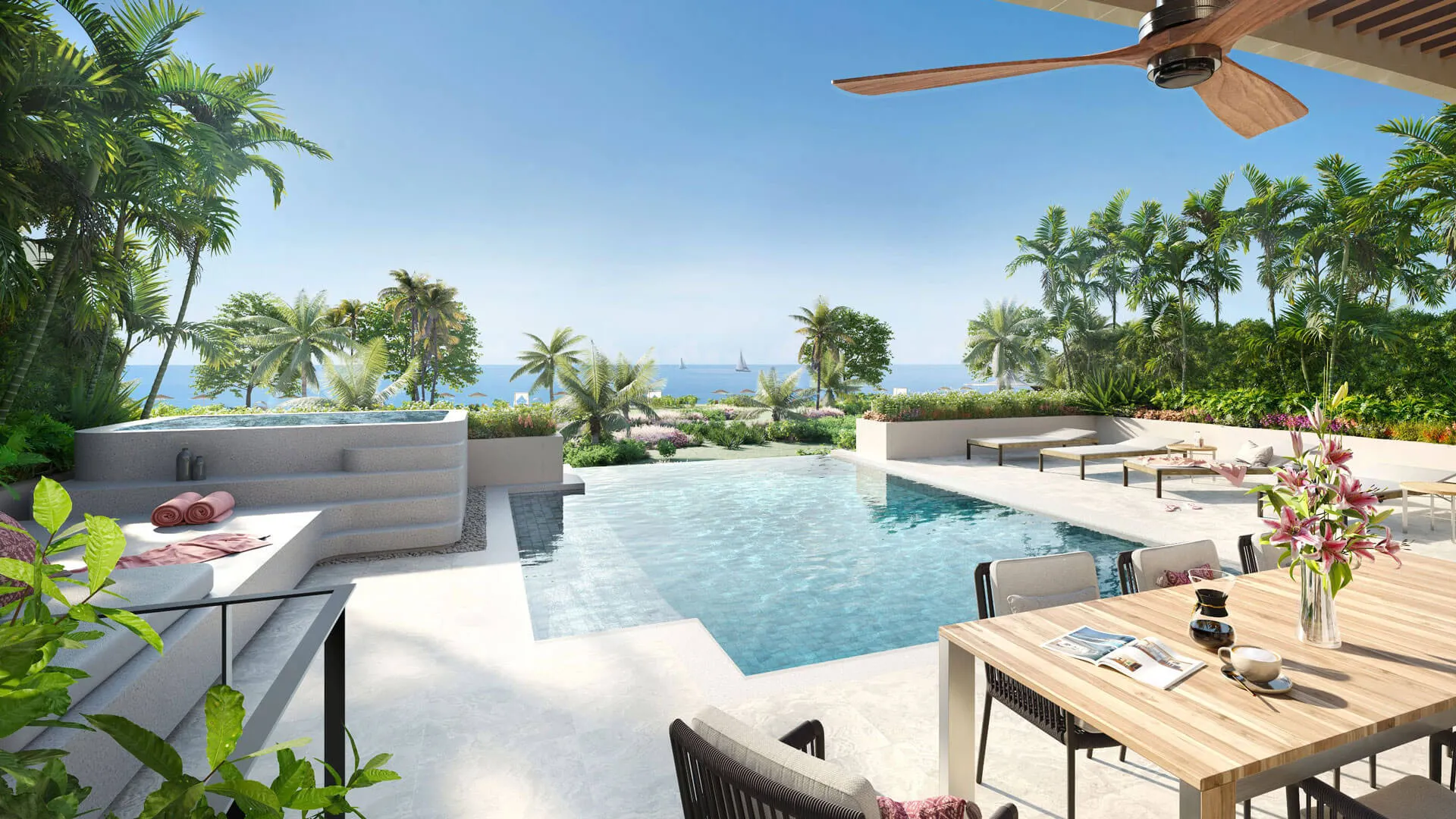 บันยันทรี บีช เรสซิเดนซ์ เอเกอร์ - A luxurious outdoor terrace with an infinity pool overlooking a tropical seascape, flanked by lush greenery and a seating area.