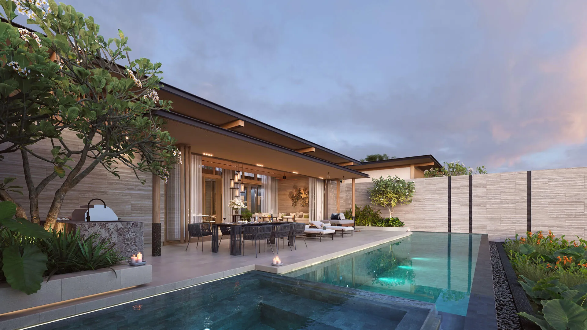 A luxurious open-air dining area adjacent to a tranquil swimming pool, with a modern house and lush greenery set against a dusk sky.