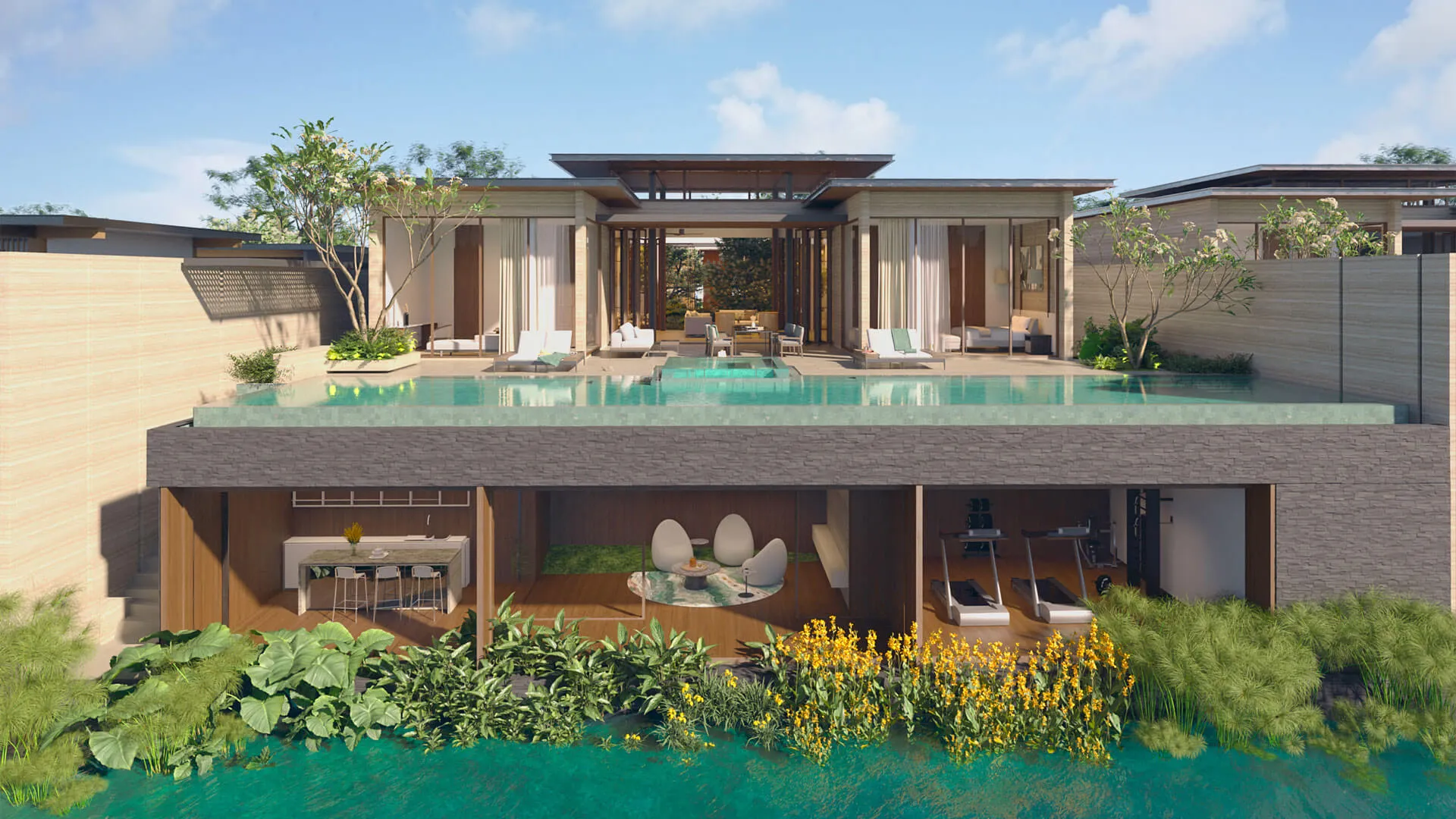 Banyan Tree Lake Residences Yara - A luxurious, modern villa features an upper-level pool with transparent walls, overlooking a lower terrace.