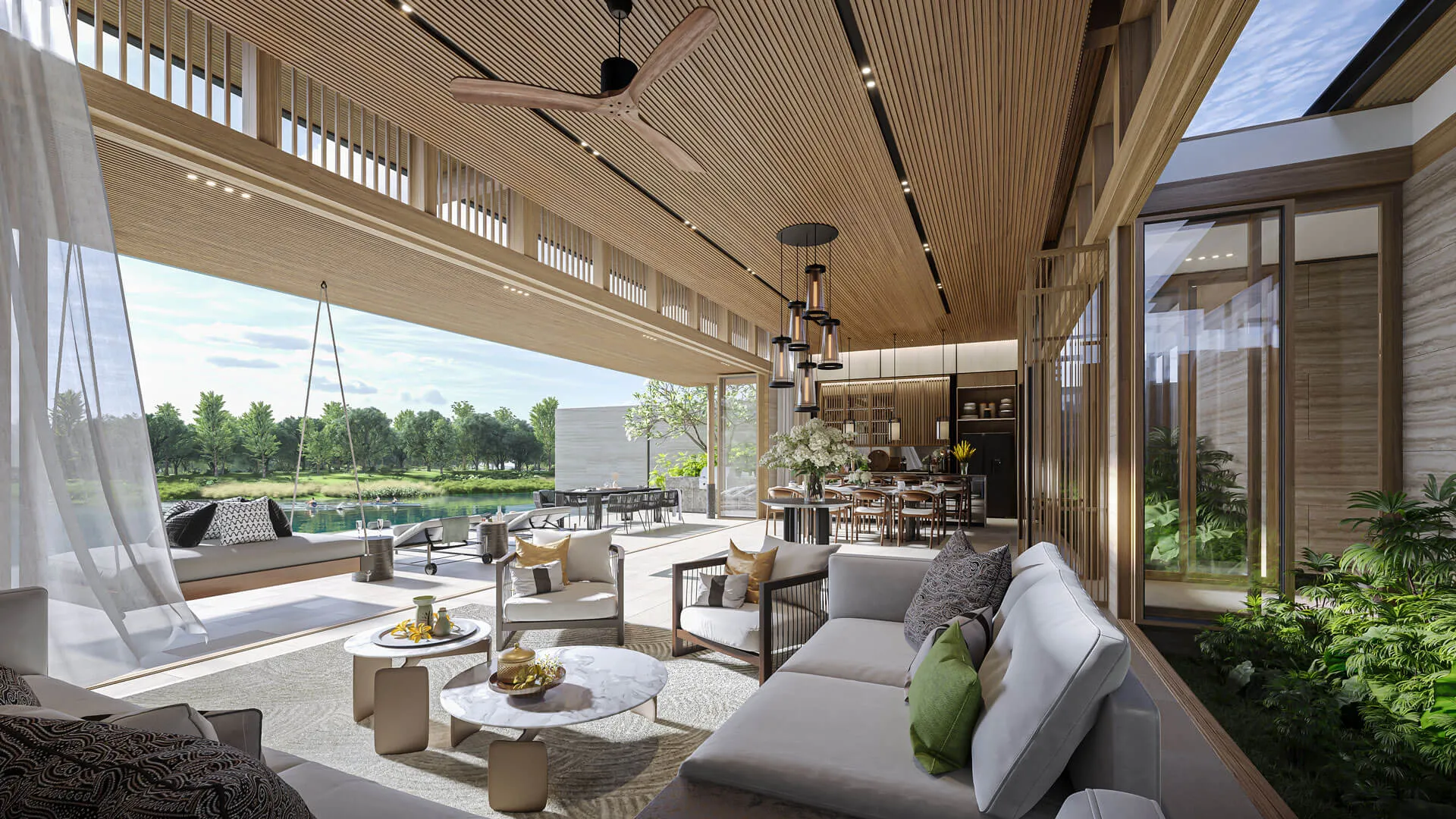 An elegant interior space blends modern furniture with nature views. Large windows overlook a tranquil lake.