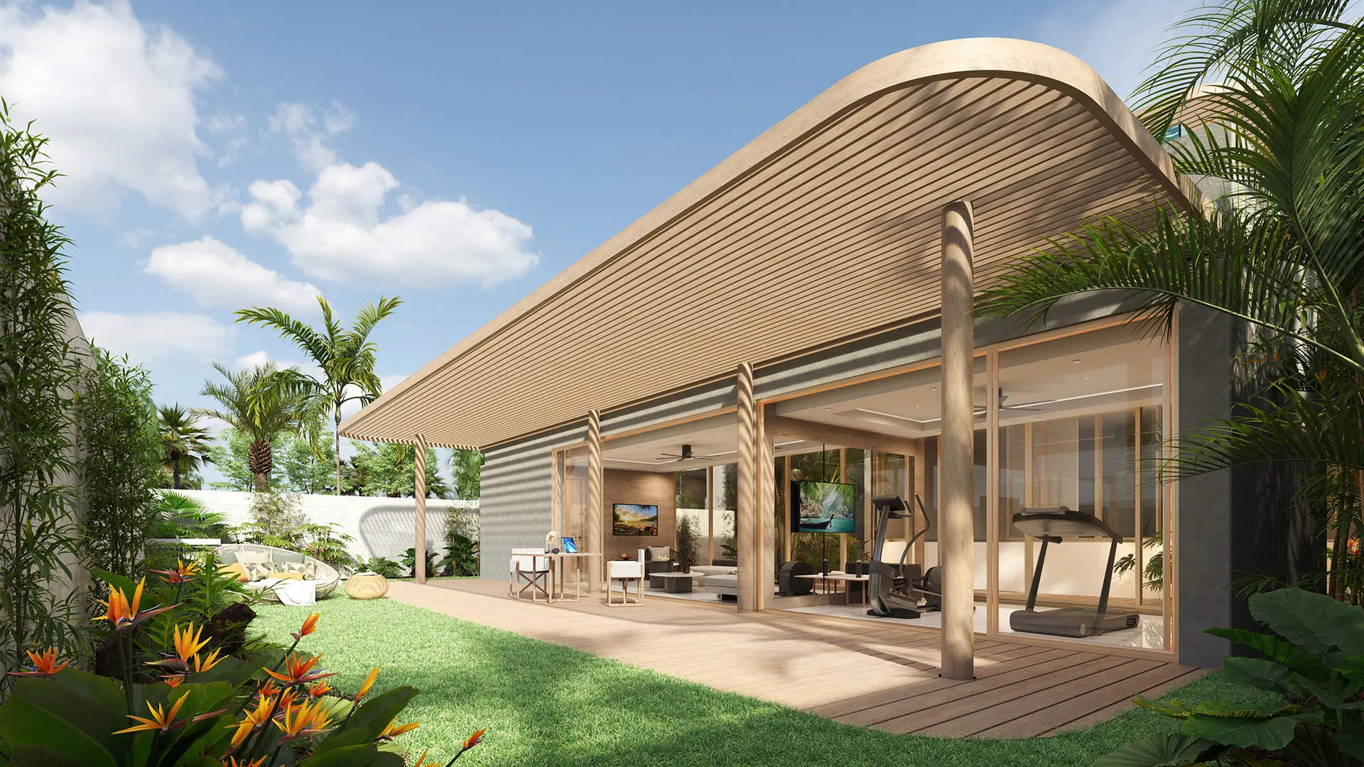 Banyan Tree Beach Residences Mazu - A modern house with curved roofing extends over an outdoor deck, surrounded by lush tropical plants under a blue sky with clouds.