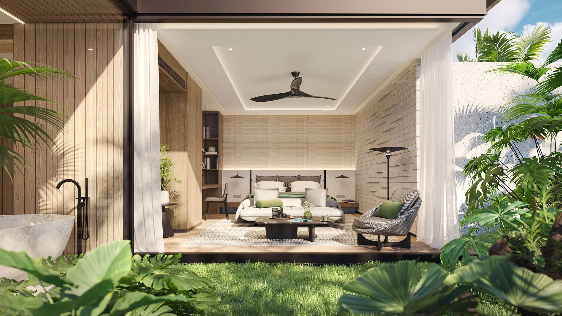 Banyan Tree Beach Residences Mazu - A luxurious bedroom opens onto a lush garden, blending indoor comfort with outdoor tranquility.