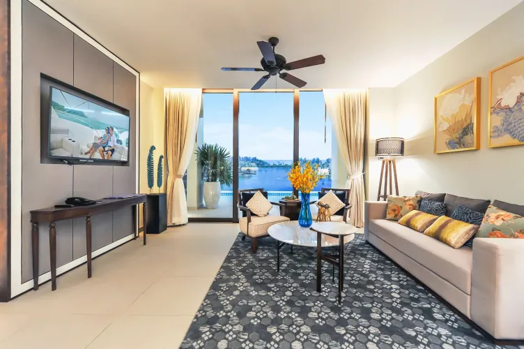 Spacious living room inside ocean view penthouses for sale with modern design and natural lighting